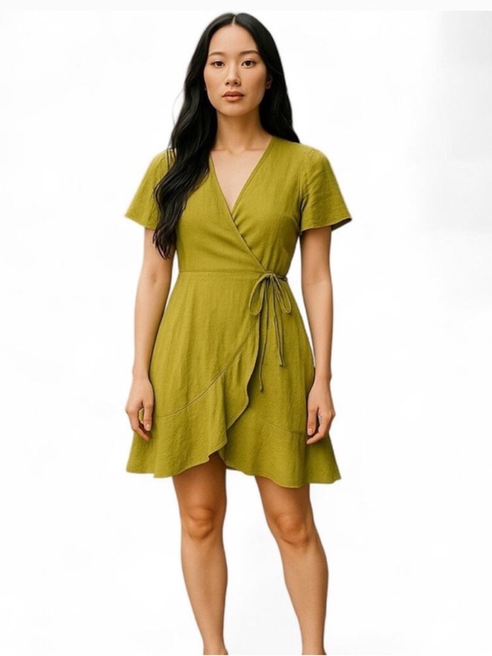 Monteau Los Angeles Olive Wrap Mini Dress with Tie Waist